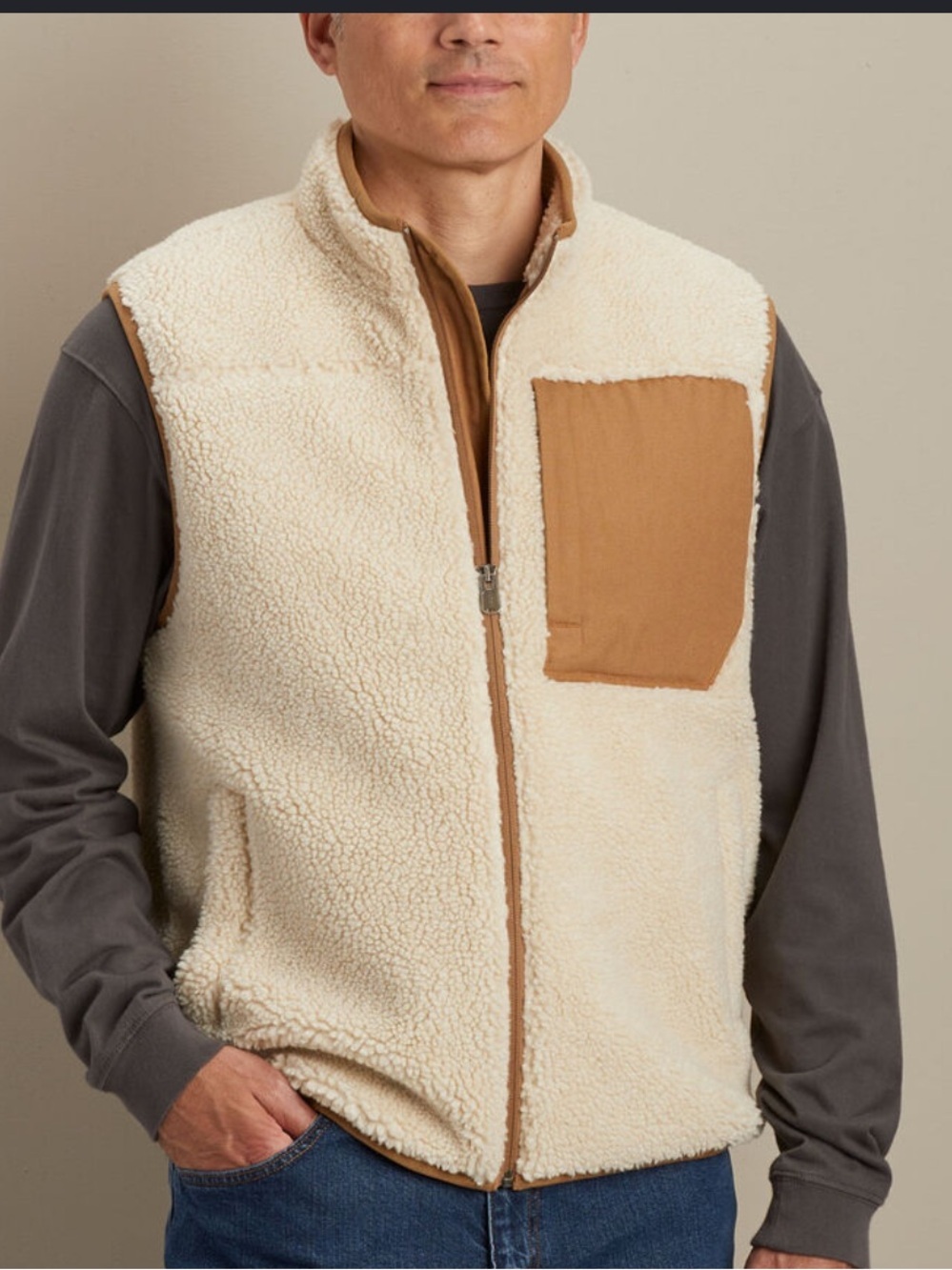 Men's Burly Sherpa Vest by Duluth Trading Company cream and tan size XL